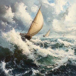 扬帆踏浪油画
