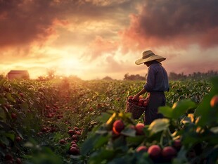 清晨采摘鲜果农民