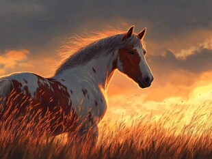 蓝天晚霞下的骏马