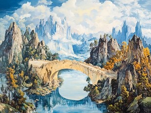 油画风景油画大桥