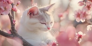 春天猫咪樱花插画壁纸