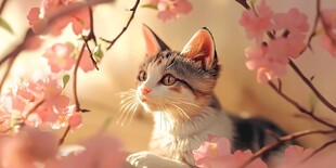 春天猫咪樱花插画壁纸