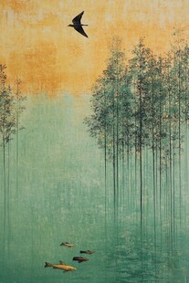 竹林飞鸟花鸟木窗划船