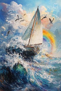 扬帆踏浪油画