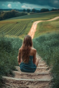 登山小道上的美女背影