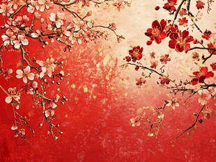 工笔手绘红墙梅花