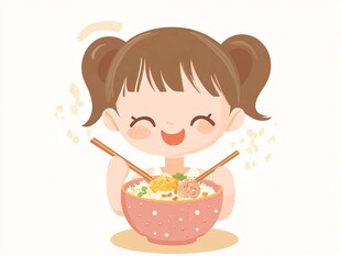 卡通小女孩吃粉条面条