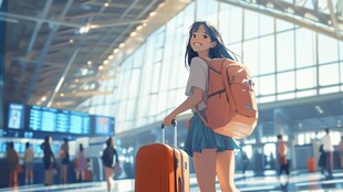 车站等车的女孩插画