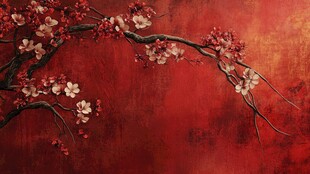 工笔手绘红墙梅花