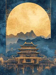 横店地标建筑山水画