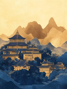 横店地标建筑山水画