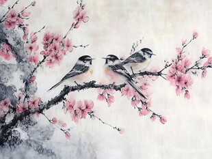 手绘工笔画喜鹊登梅