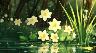 唯美白花背景河岸小花