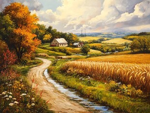 唯美田园风光油画