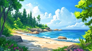 唯美海岸风景插画
