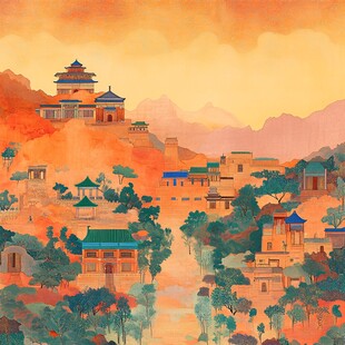 插画横店水彩水墨山水