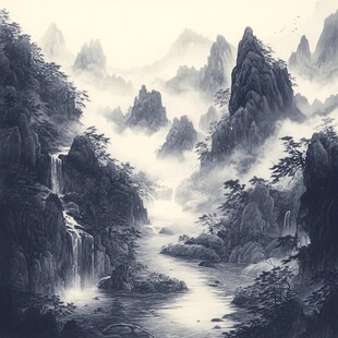 水墨数字画工笔山水