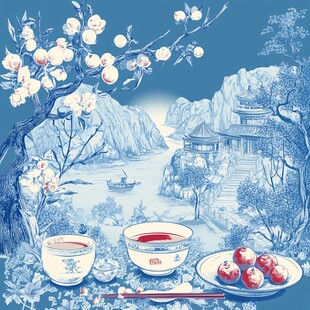 山水画茶树茶杯茶园