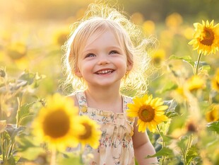 站在向日葵里的小女孩