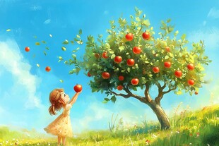 小女孩摘苹果插画