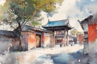 原创水彩古都风光