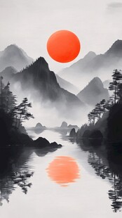 红日水墨山水