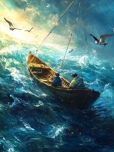 风暴中的帆船风景油画