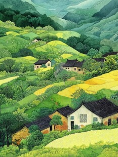 装饰画无框画山脚民居