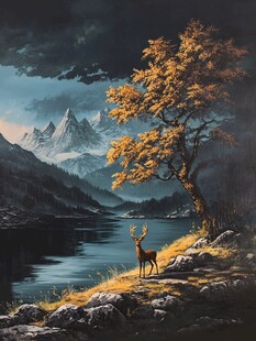 山峰山水画油画梅花鹿
