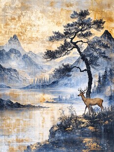 山峰山水画油画梅花鹿