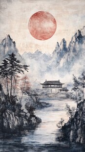 旭日东升楼阁山水画