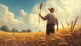 抱麦穗的农民秋收