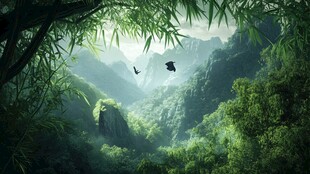 竹林假山花鸟飞鸟