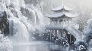 亭台楼阁流水瀑布