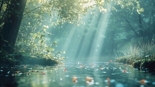 阳光照在森林河流里