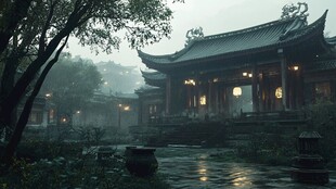 中式古代建筑雨景