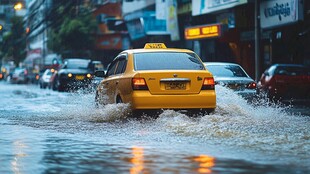 通过积水路的出租车