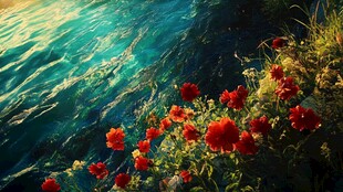 唯美大海彩色水草