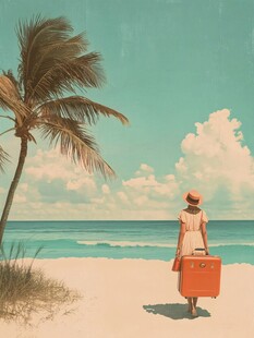 夏天看海美女背影插画