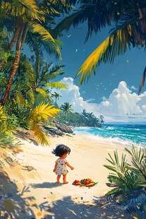唯美小女孩海边插画