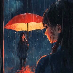 雨中撑伞的少女