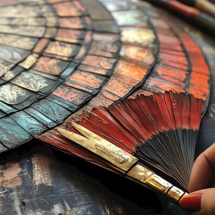 黑漆骨油画博古纹折扇