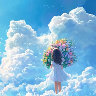 蓝天白云女孩插画