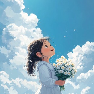 蓝天白云女孩插画