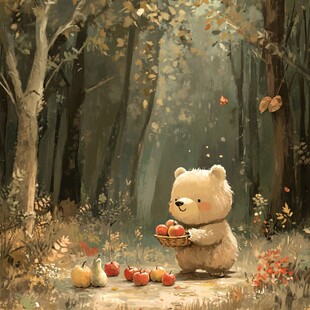 落满树叶的小熊玩偶