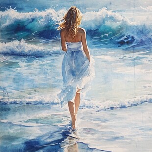 手绘海边散步的女孩
