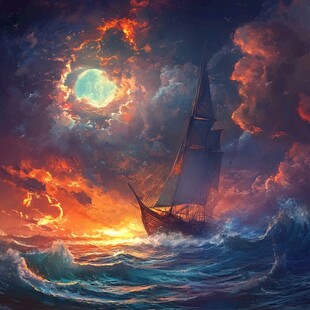 海洋大海月光帆船