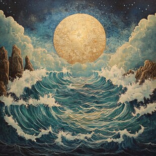 手绘海浪旭日东升