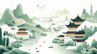 建筑插画山水