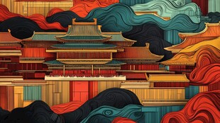 横店地标建筑山水画